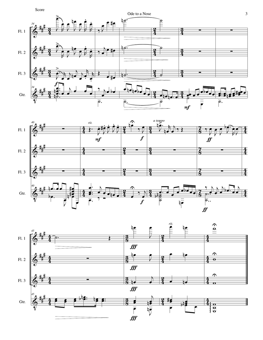 Ode to a Nose for three flutes and guitar Flute scores gallery preview page 3