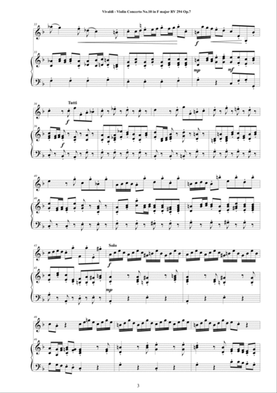 Vivaldi - Violin Concerto No.10 in F major 'Il Ritiro' RV 294 Op.7 for Violin and Cembalo (or Piano) String Duet scores gallery preview page 3