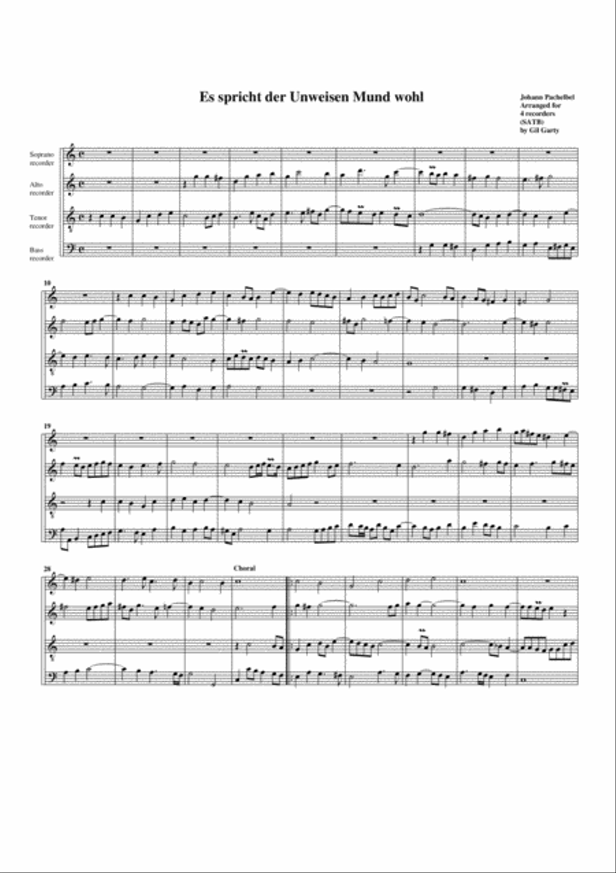 Er spricht der Unweisen Mund wohl (arrangement for 4 recorders) Recorder scores gallery preview page 1