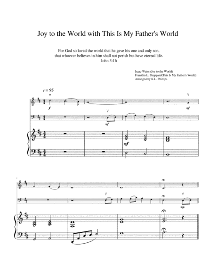 Joy to the World with This Is My Father's World - Cello and Violin duet with piano accompaniment Piano Trio scores gallery preview page 2
