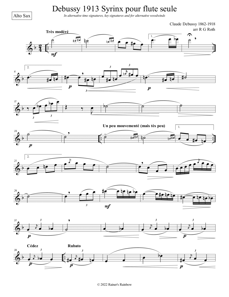 Debussy Syrinx Alto or Tenor Sax Solo Tenor Saxophone scores gallery preview page 1