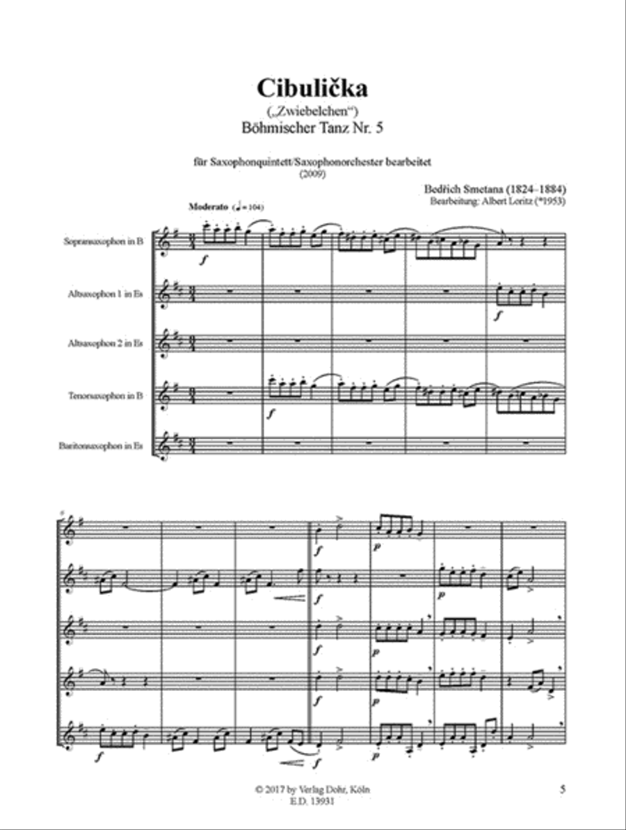 Cibulicka („Zwiebelchen) -Böhmischer Tanz Nr. 5- (für Saxophonquintett/Saxophonorchester) Saxophone Quintet scores gallery preview page 2