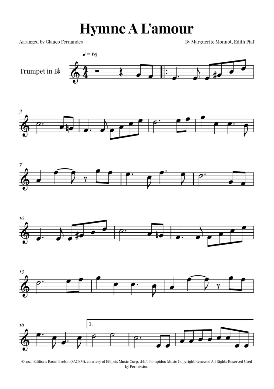 Hymne A L'amour B-Flat Trumpet scores gallery preview page 1