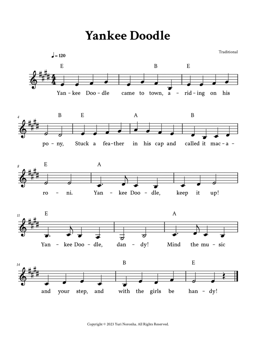 Yankee Doodle - Lead Sheet (E Major - Traditional) image number null