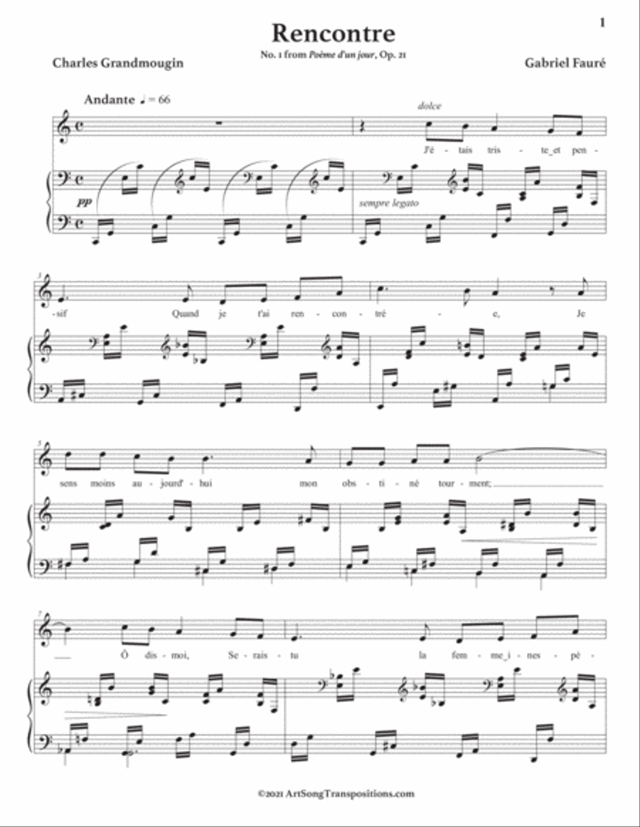 FAURÉ: Rencontre, Op. 21 no. 1 (transposed to C major) Voice scores gallery preview page 2