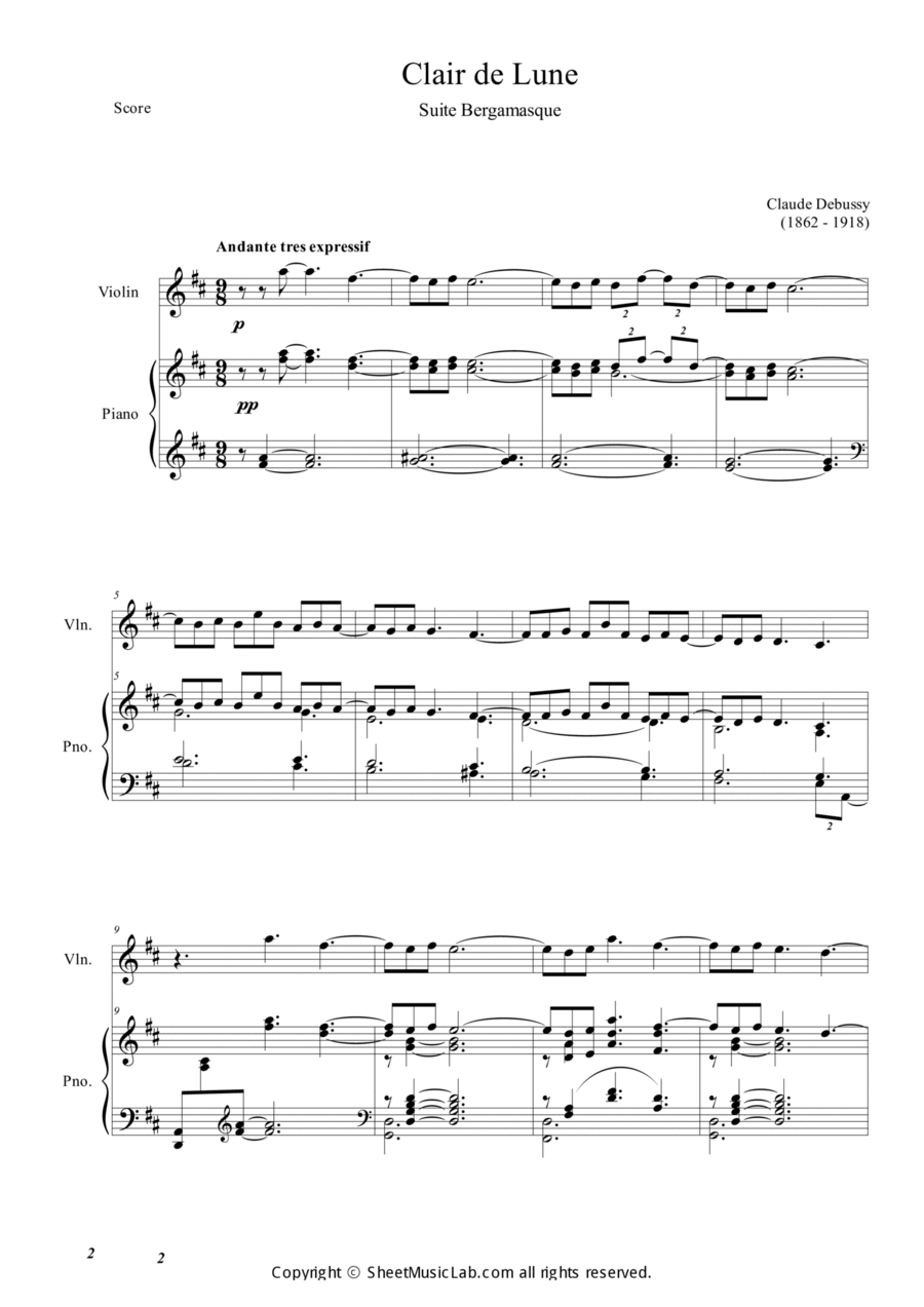 Clair de Lune in D Violin Solo scores gallery preview page 1