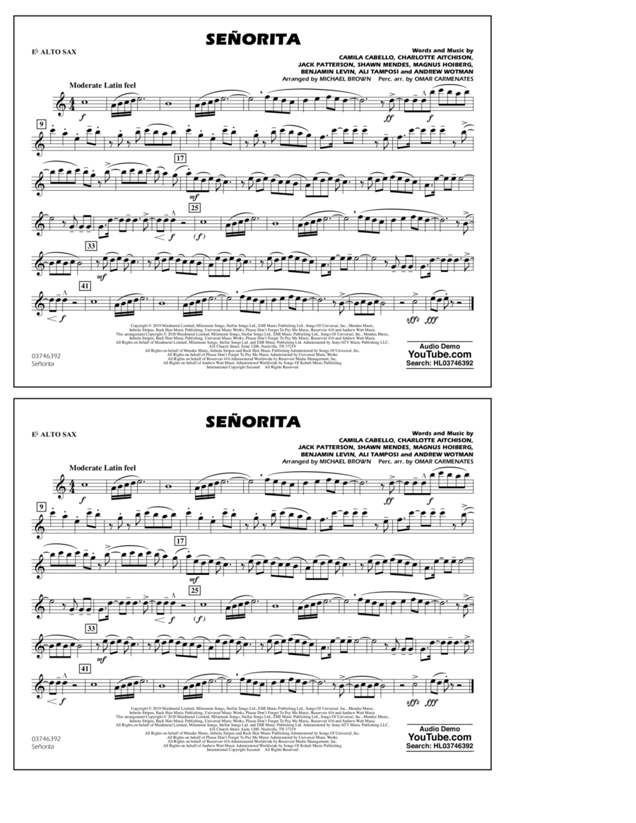 Señorita (arr. Carmenates and Brown) - Eb Alto Sax Marching Band scores gallery preview page 1