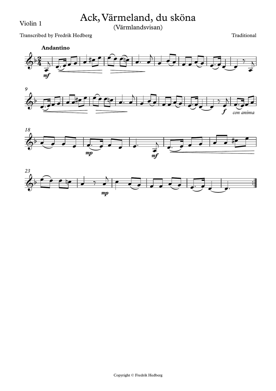 Ack, Värmeland, du sköna (Värmlandsvisan) - Violin duo String Duet scores gallery preview page 2