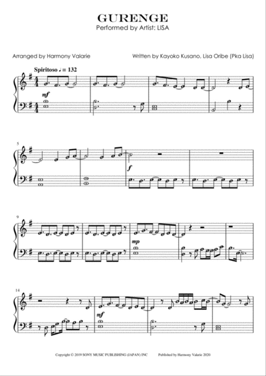 Gurenge Easy Piano scores gallery preview page 1