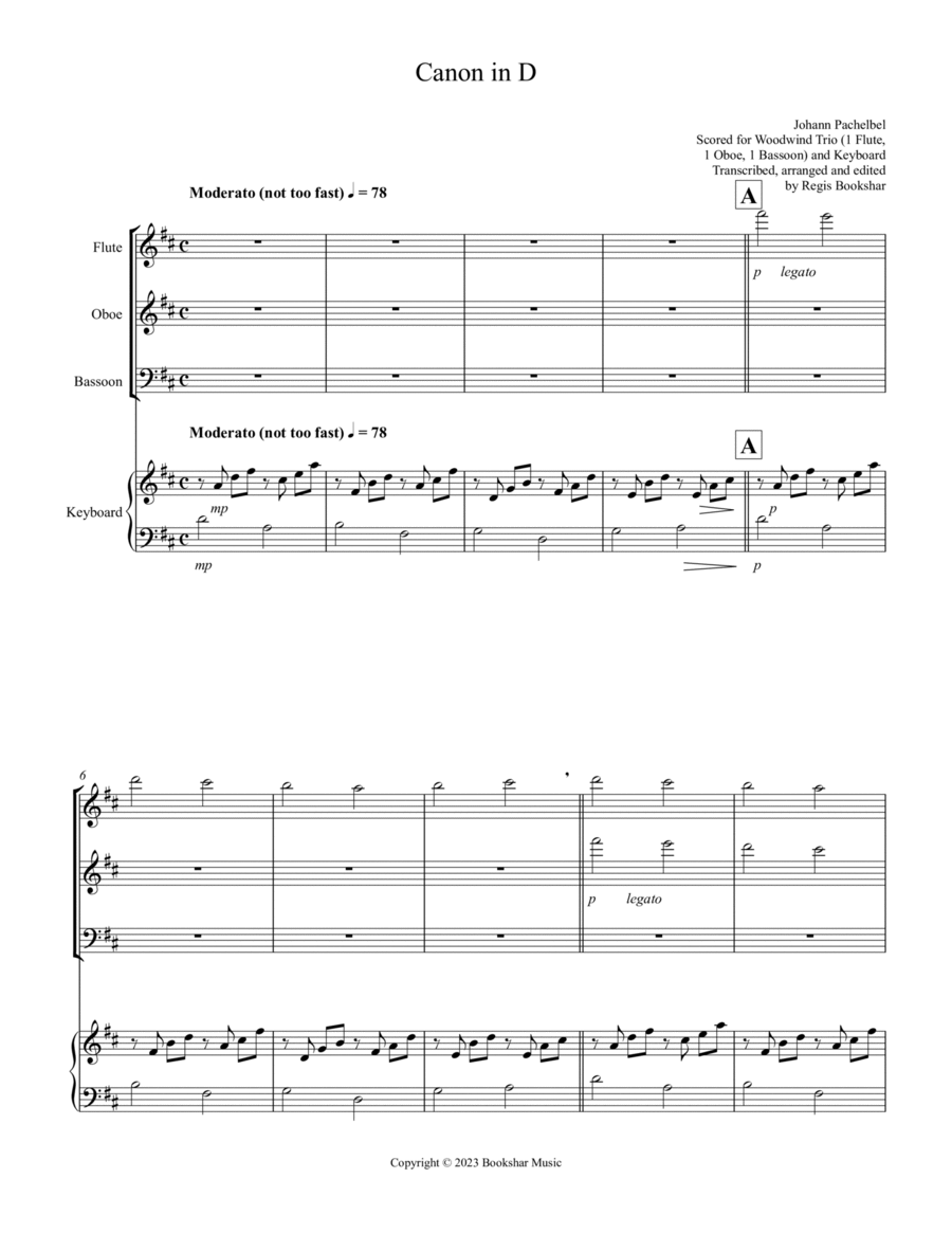 Canon in D (Pachelbel) (D) (Woodwind Trio - 1 Flute, 1 Oboe, 1 Bassoon), Keyboard)