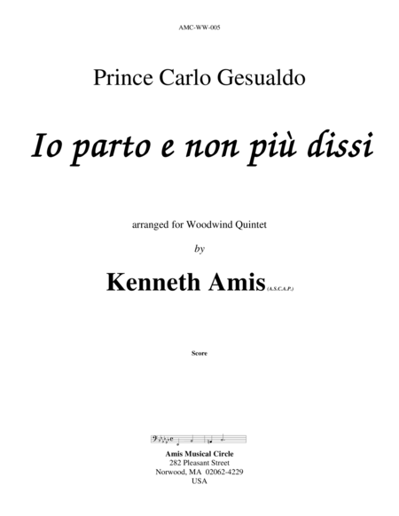 Io parto e non più dissi (for woodwind quintet) by Don Carlo Gesualdo Woodwind Quintet - Digital Sheet Music