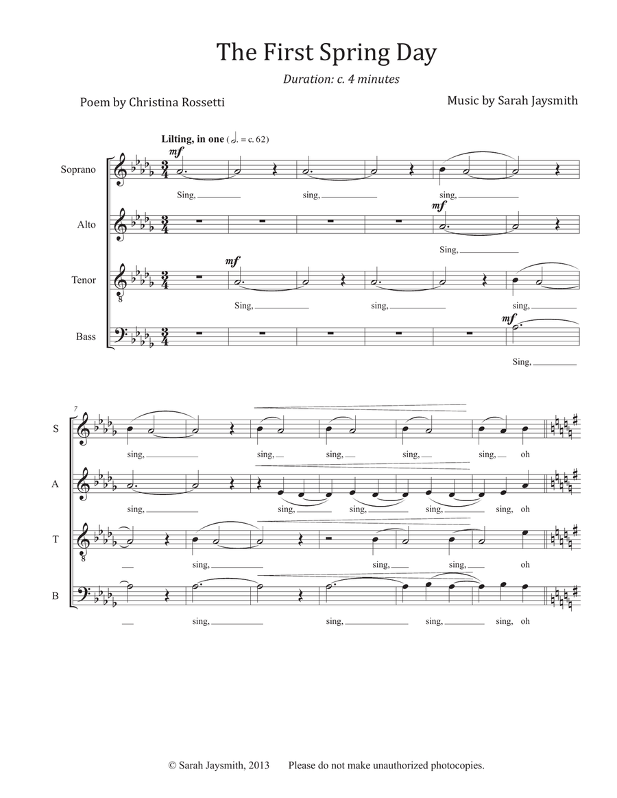 The First Spring Day (SATB, a cappella) - original choral piece by Sarah Jaysmith, text by Christina 4-Part scores gallery preview page 1