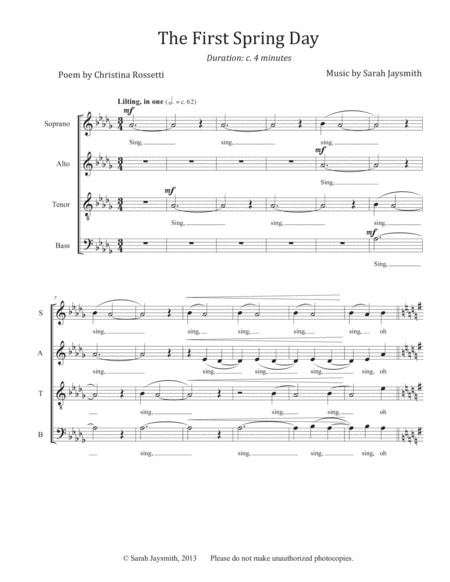 The First Spring Day (SATB, a cappella) - original choral piece by Sarah Jaysmith, text by Christina image number null