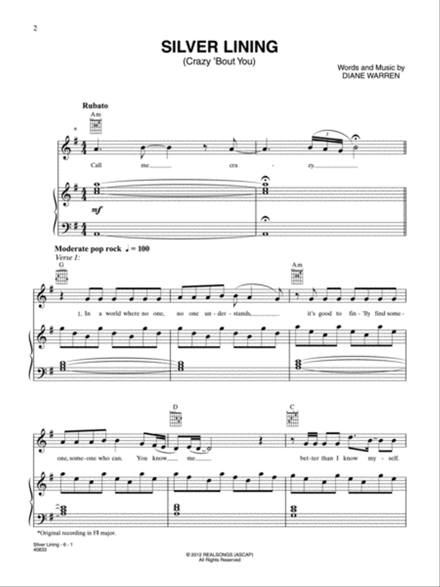 Silver Lining (Crazy 'Bout You) Piano, Vocal, Guitar scores gallery preview page 1