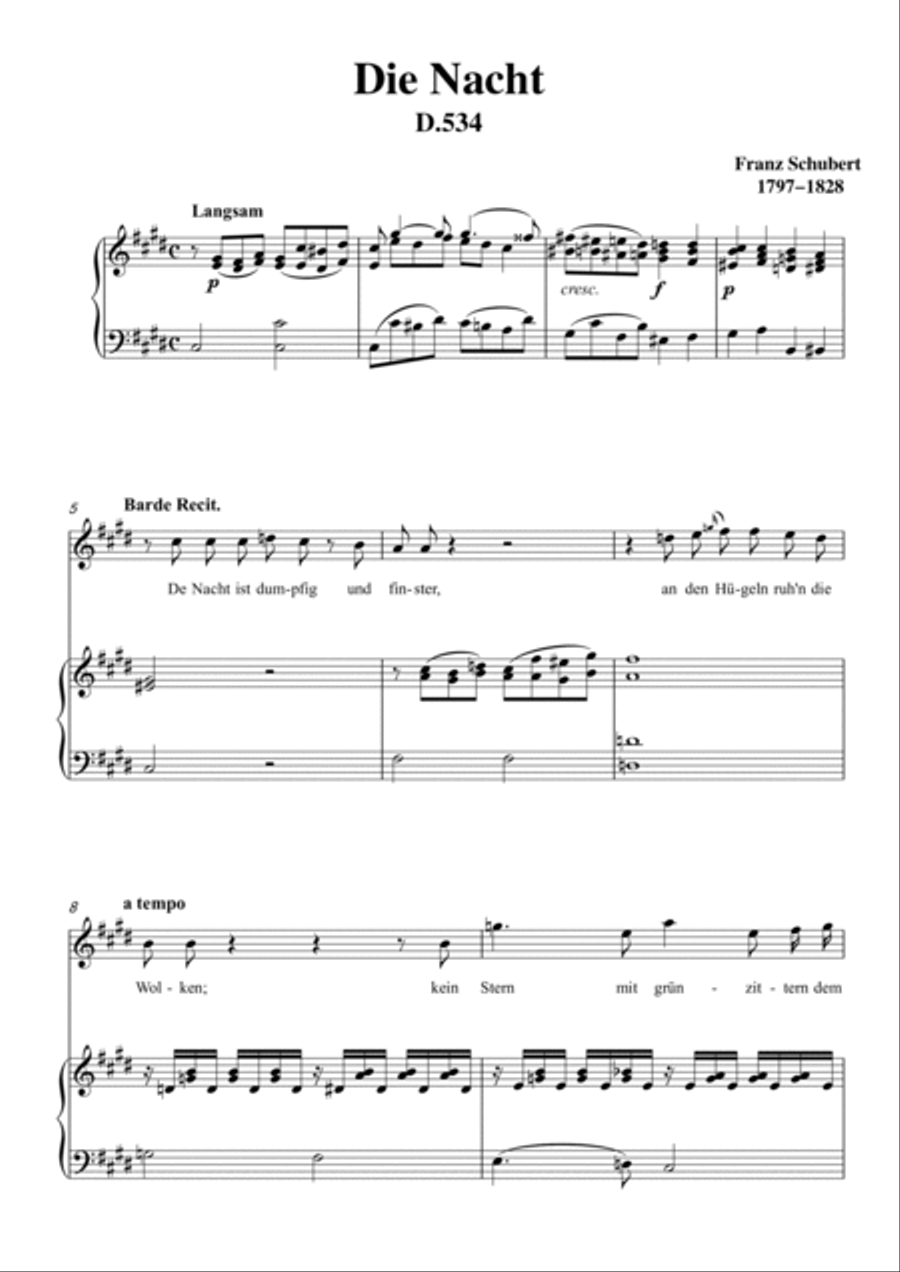 Schubert-Die Nacht in #C minor,D.534,for Vocal and Piano Voice scores gallery preview page 2