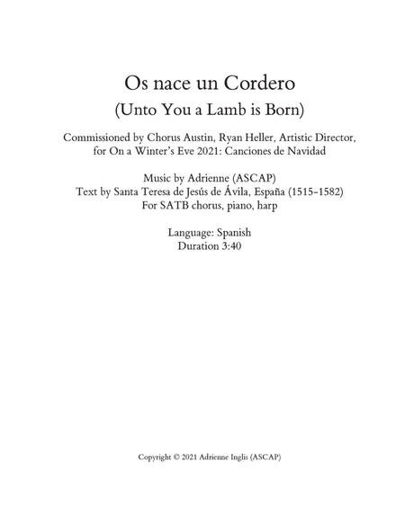 Os nace un Cordero (Unto You a Lamb is Born) for SATB chorus, piano, and pedal or lever harp image number null