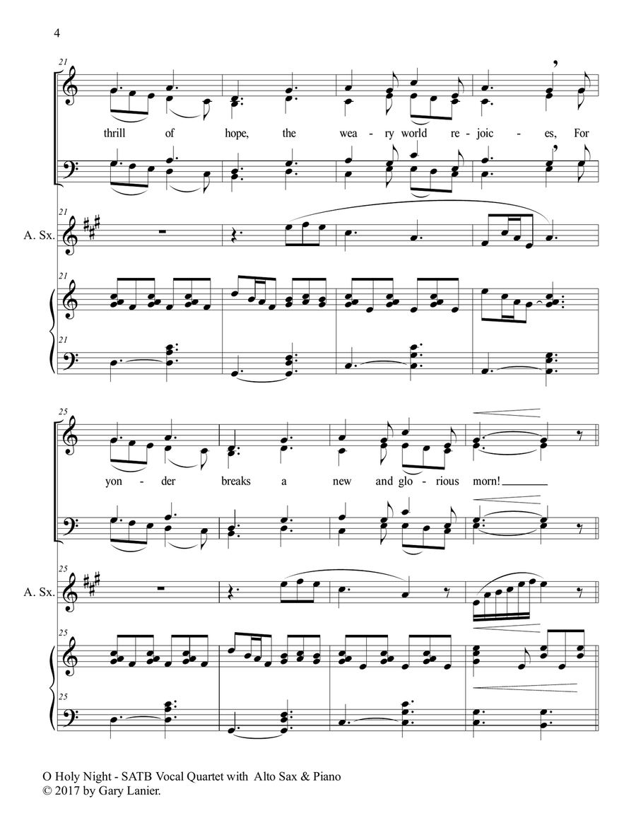 O HOLY NIGHT (SATB Vocal Quartet with Alto Sax & Piano - Score & Parts included) Choir scores gallery preview page 5