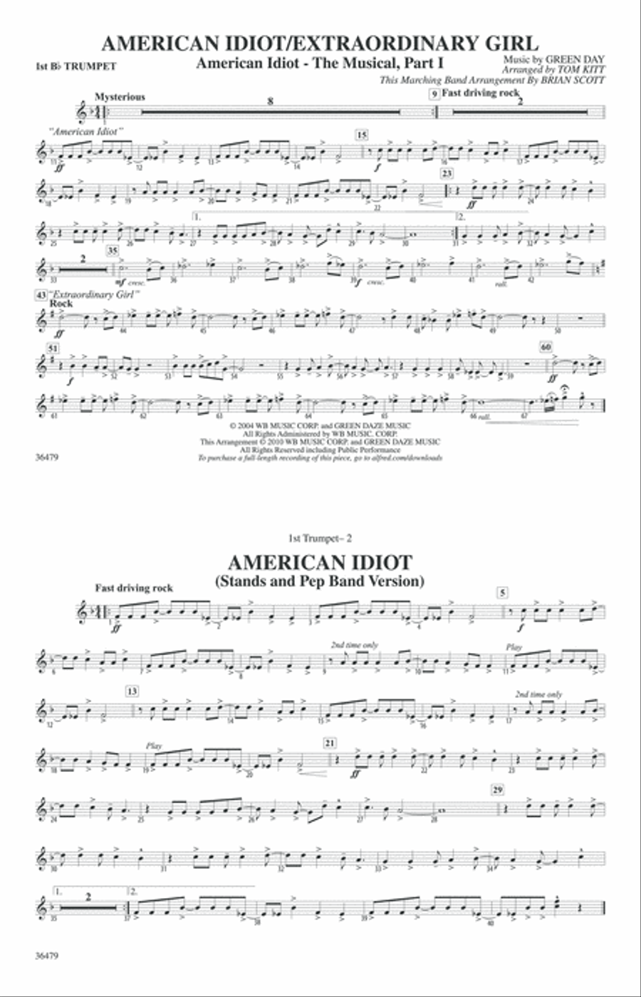 American Idiot / Extraordinary Girl: 1st B-flat Trumpet Marching Band scores gallery preview page 1