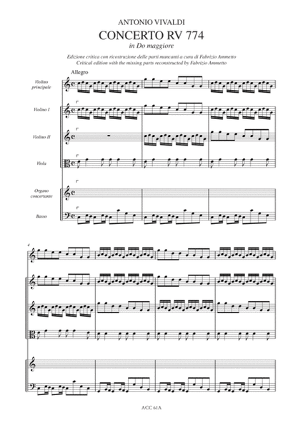 Concerto RV 774 in C Major - Concerto RV 775 in F Major for Violin, Organ, Strings and Continuo. Critical edition with the missing parts reconstructed