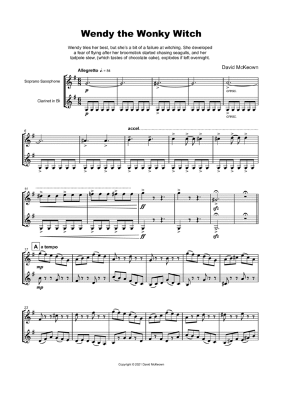 Wendy the Wonky Witch, Halloween Duet for Soprano Saxophone and Clarinet Woodwind Duet scores gallery preview page 2