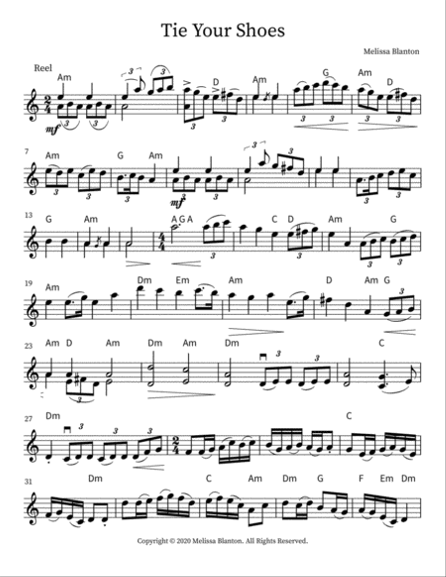 Tie Your Shoes (a Reel for the Fiddle with chords) Violin Solo scores gallery preview page 1