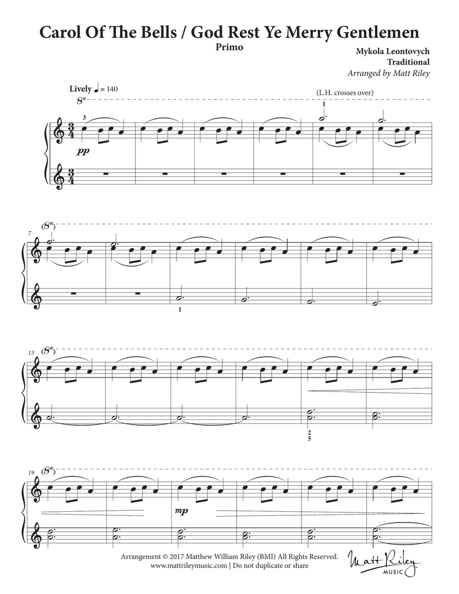Carol of the Bells / God Rest Ye Merry Gentlemen - One Piano, Four hands Easy Piano scores gallery preview page 1
