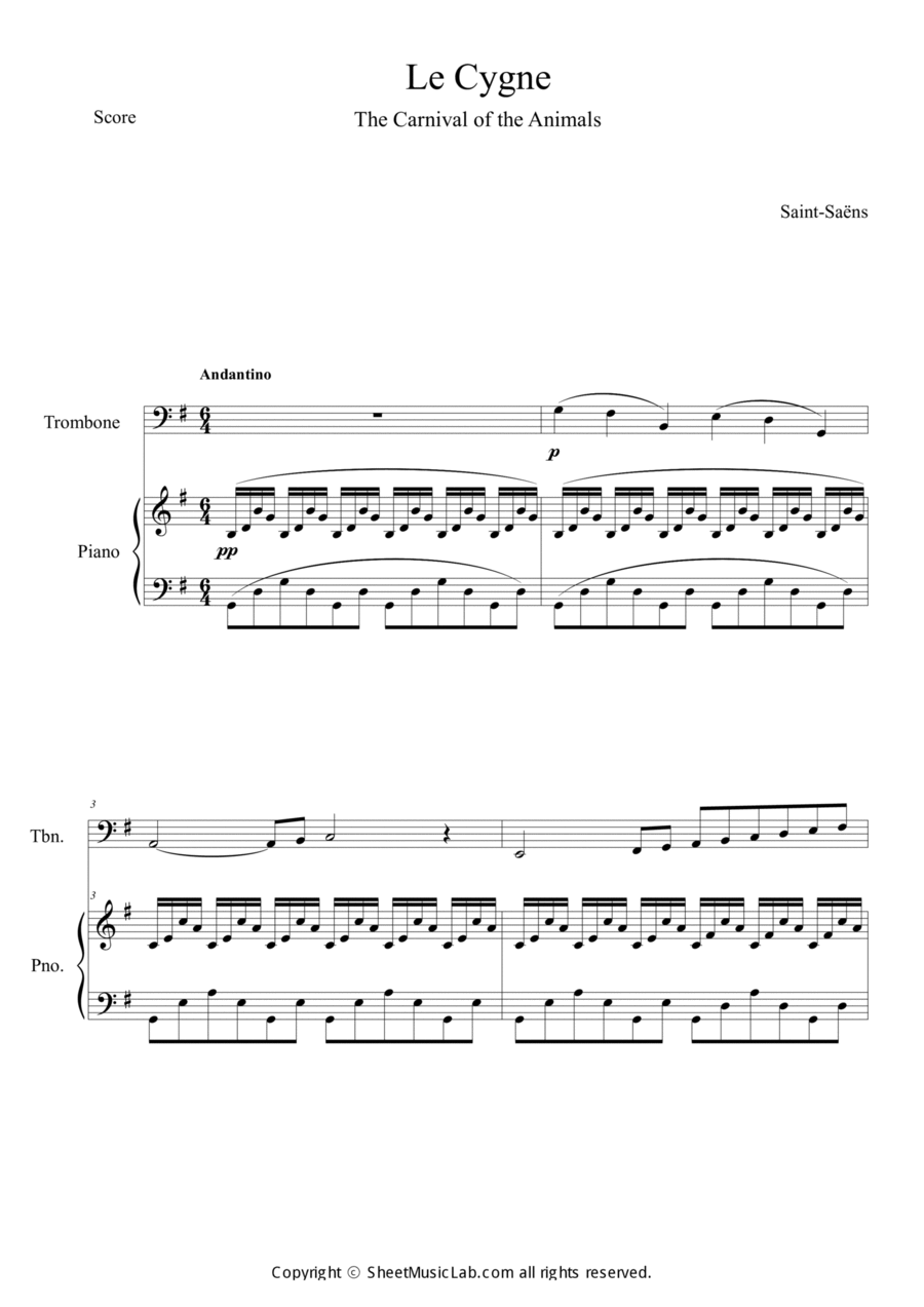 Le Cygne (Le Carnaval des Animaux) Easy Piano scores gallery preview page 1