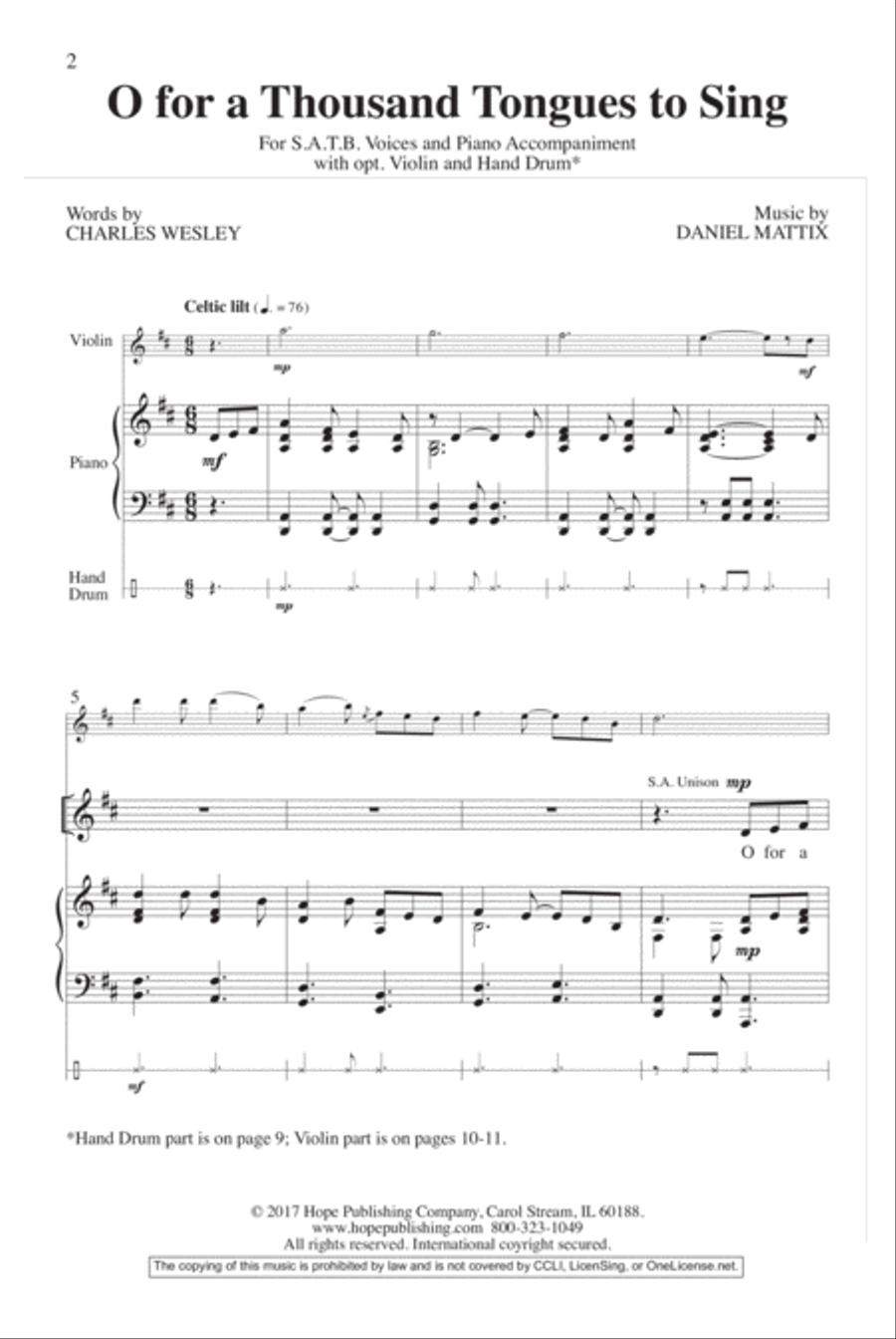 O For a Thousand Tongues to Sing 4-Part scores gallery preview page 2
