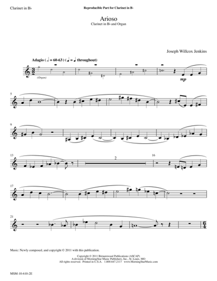 Arioso from Six Pieces for Organ, Volume 2 (Downloadable Clarinet in B-flat Part)