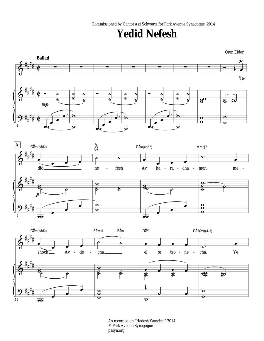 Yedid Nefesh Piano, Vocal scores gallery preview page 1