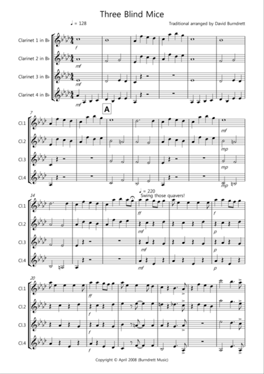 Three Blind Mice for Clarinet Quartet Clarinet Quartet scores gallery preview page 1