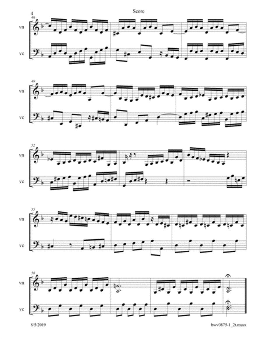 Bach: Prelude in d BWV 875 from The Well Tempered Clavier arranged for Violin and Cello String Duet scores gallery preview page 4