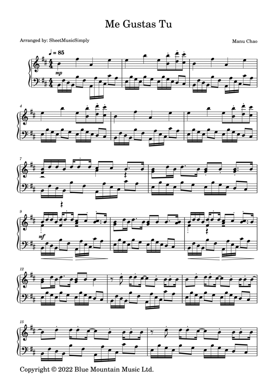 Me Gustas Tu Me Gustas Tu Piano Solo scores gallery preview page 1