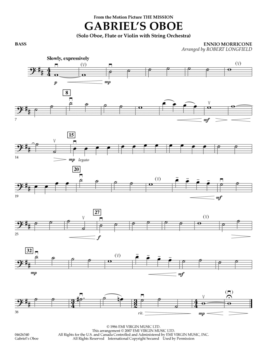 Gabriel's Oboe (from The Mission) - Bass Part scores gallery preview page 1