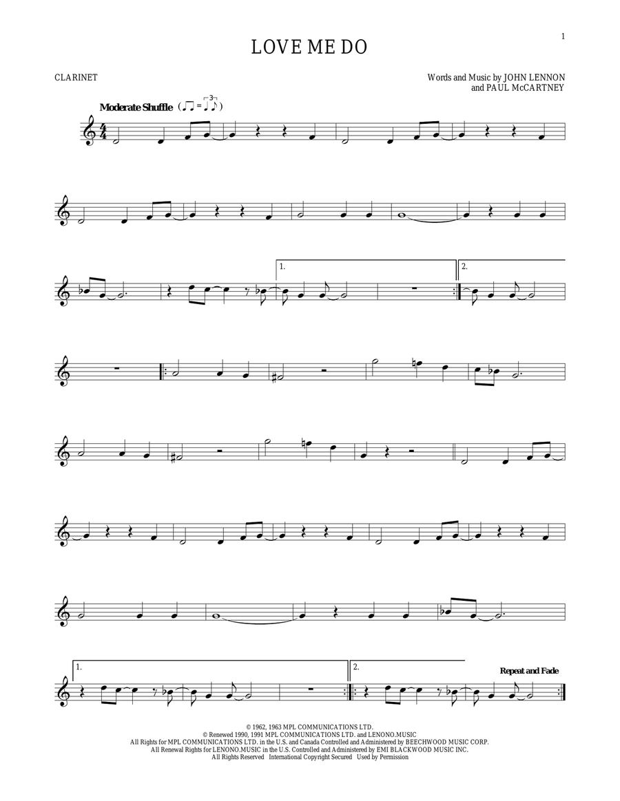 Love Me Do Clarinet Solo scores gallery preview page 1