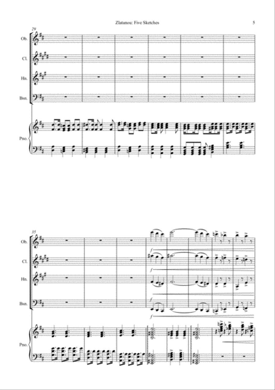 FIVE SKETSCHES, Quintet for Woodwinds (Oboe, Clarinet in Bb, Horn, Bassoon), and Piano Woodwind Quintet scores gallery preview page 5