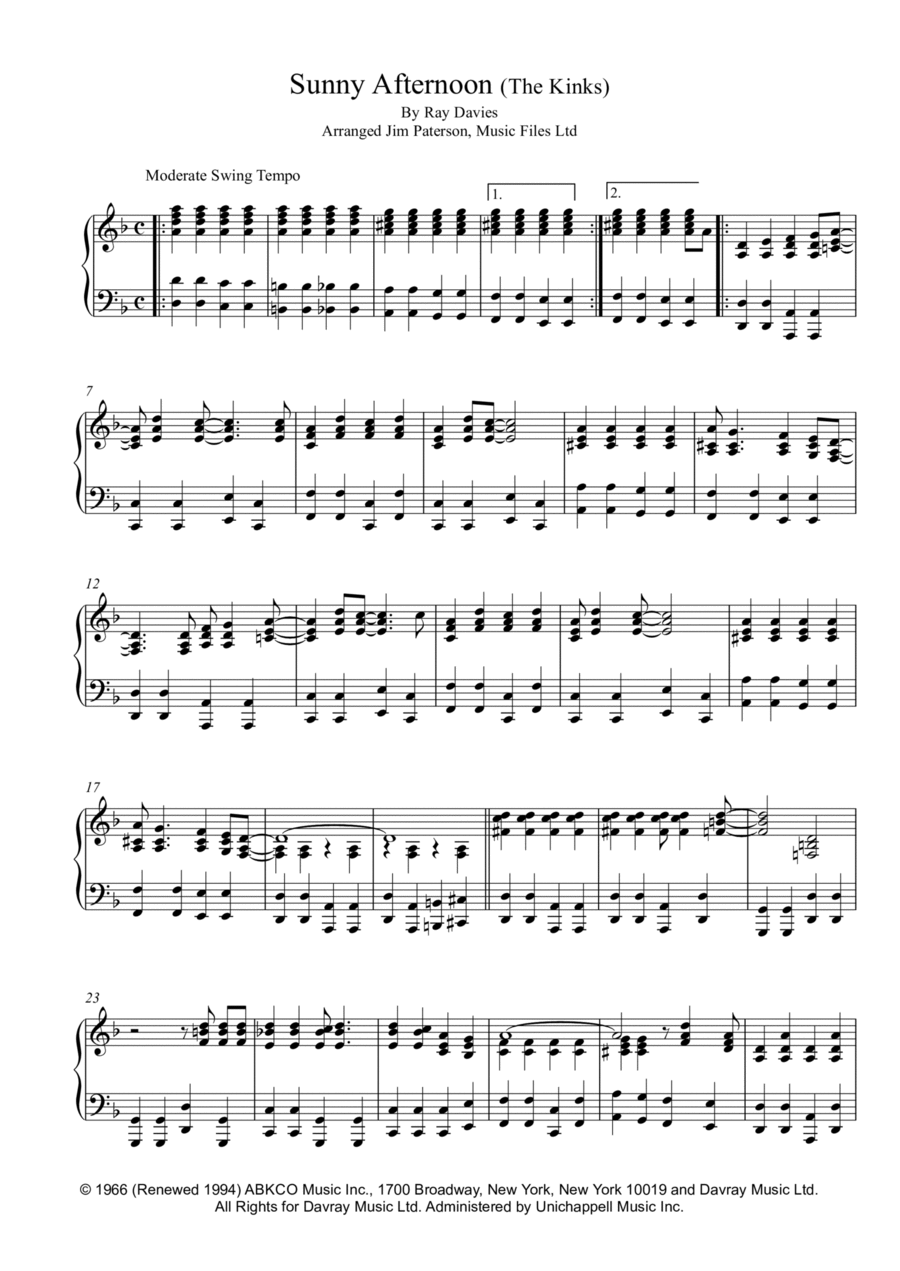 Sunny Afternoon Piano Solo scores gallery preview page 1