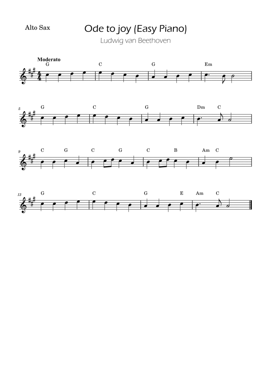 Ode To Joy Easy Alto Sax with Chords by Ludwig van Beethoven