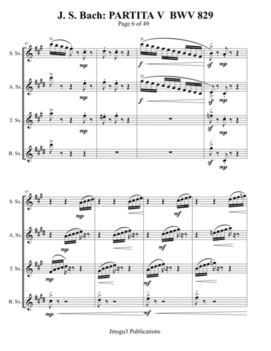Bach: Partita No. 5 BWV 829 for Saxophone Quartet image number null