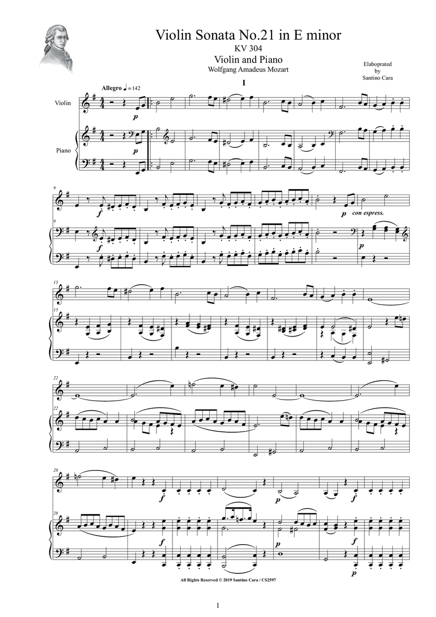 Mozart - Violin Sonata No.21 in E minor K 304 for Violin and Piano - Score and Part Violin Solo scores gallery preview page 1