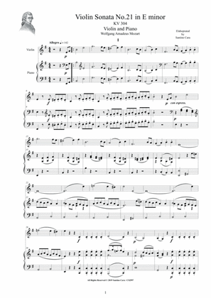 Book cover for Mozart - Violin Sonata No.21 in E minor K 304 for Violin and Piano - Score and Part