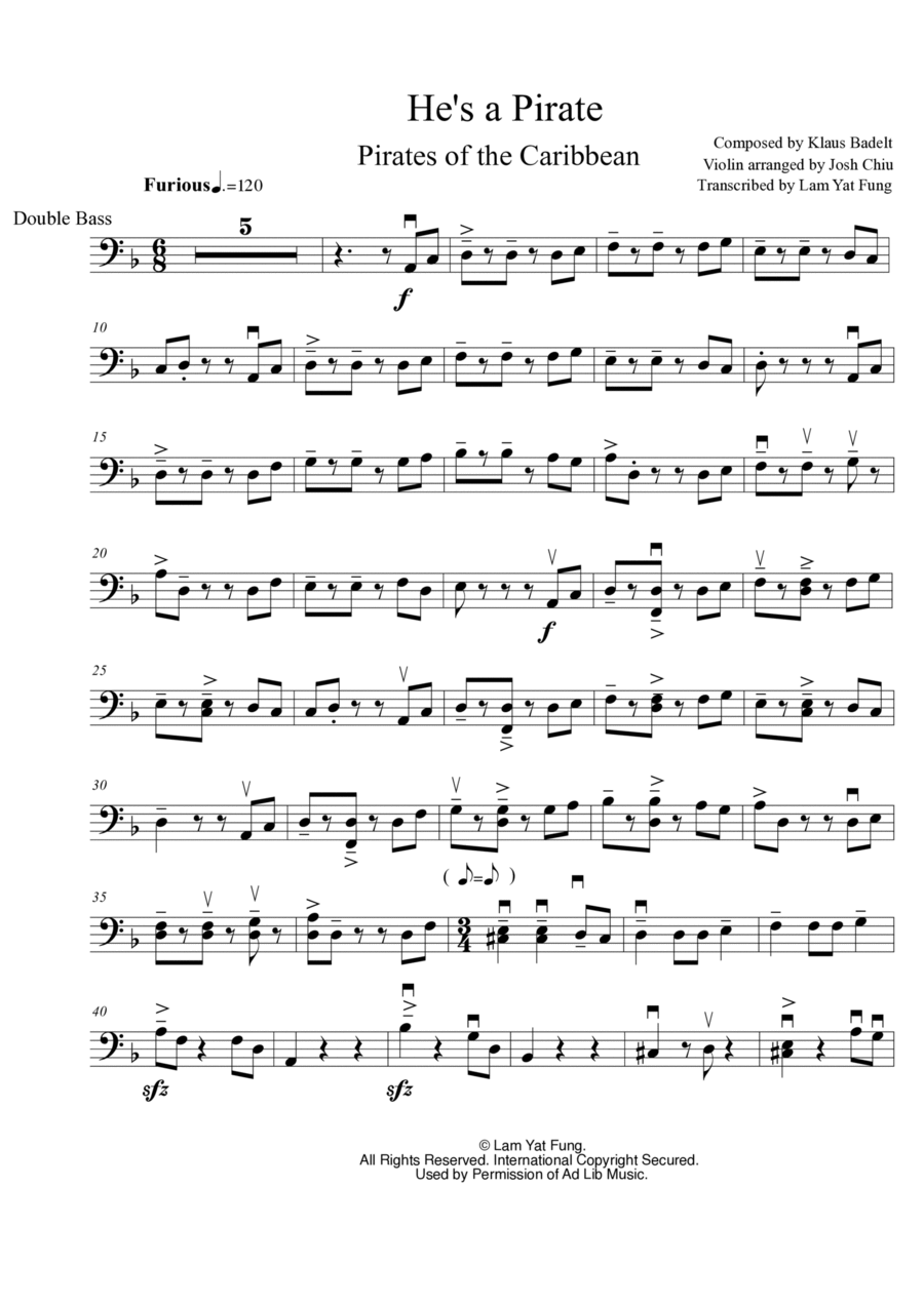 He's A Pirate He's A Pirate Double Bass scores gallery preview page 1