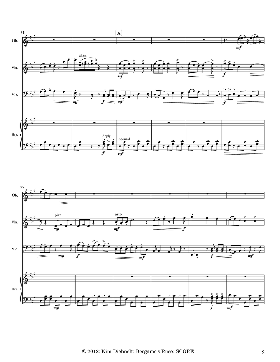 Diehnelt: Bergamo’s Ruse for oboe, violin, ‘cello, and harp Small Ensemble scores gallery preview page 3