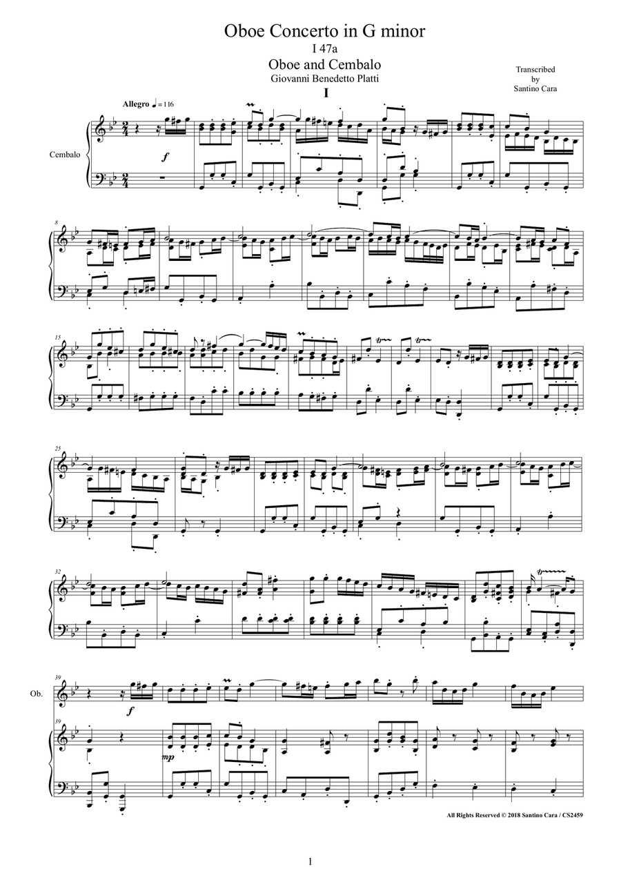 Platti - Concerto in G minor, I 47b for Oboe and Cembalo (or Piano) Platti - Concerto in G minor, I 47b for Oboe and Cembalo (or Piano) Oboe scores gallery preview page 1