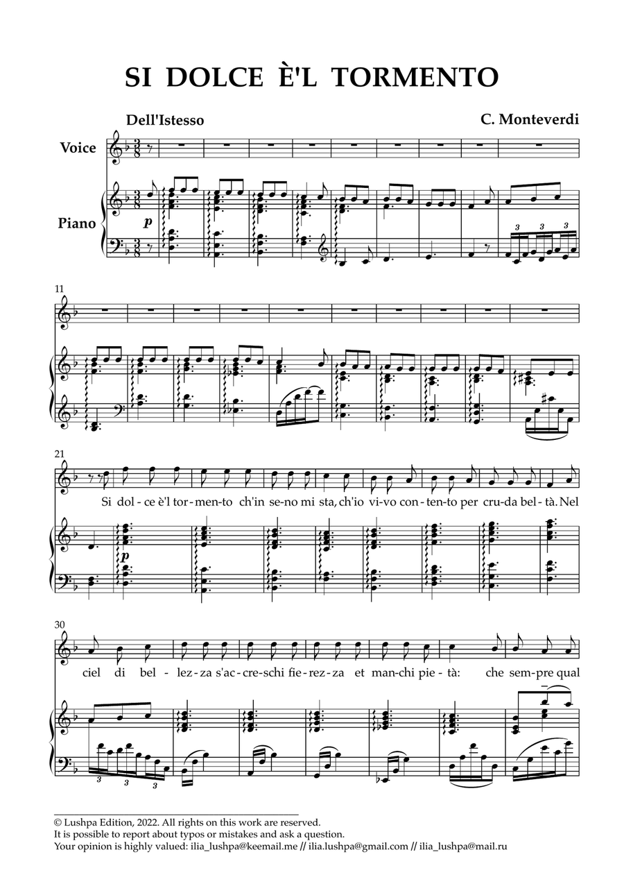 Si dolce è'l tormento Piano, Vocal scores gallery preview page 3