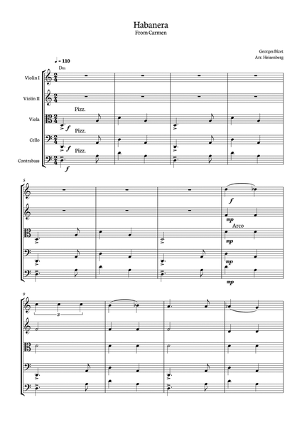 Habanera - Carmen - Georges Bizet, for String Quintet in a easy version with chords - Parts included image number null