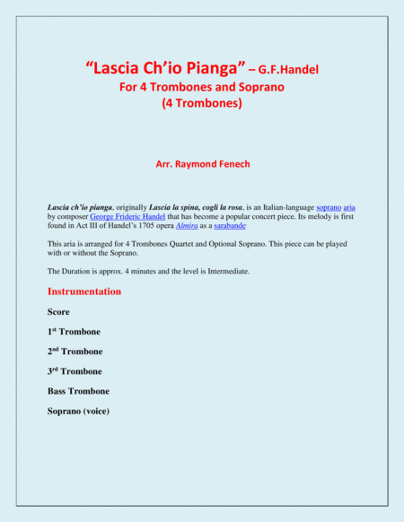 Lascia Ch'io Pianga - From Opera 'Rinaldo' - G.F. Handel (4 Trombones and Optional Soprano) image number null