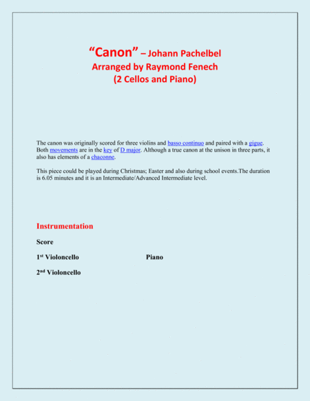 Canon - Johann Pachebel - 2 Violoncellos and Piano - Intermediate/Advanced Intermediate level image number null
