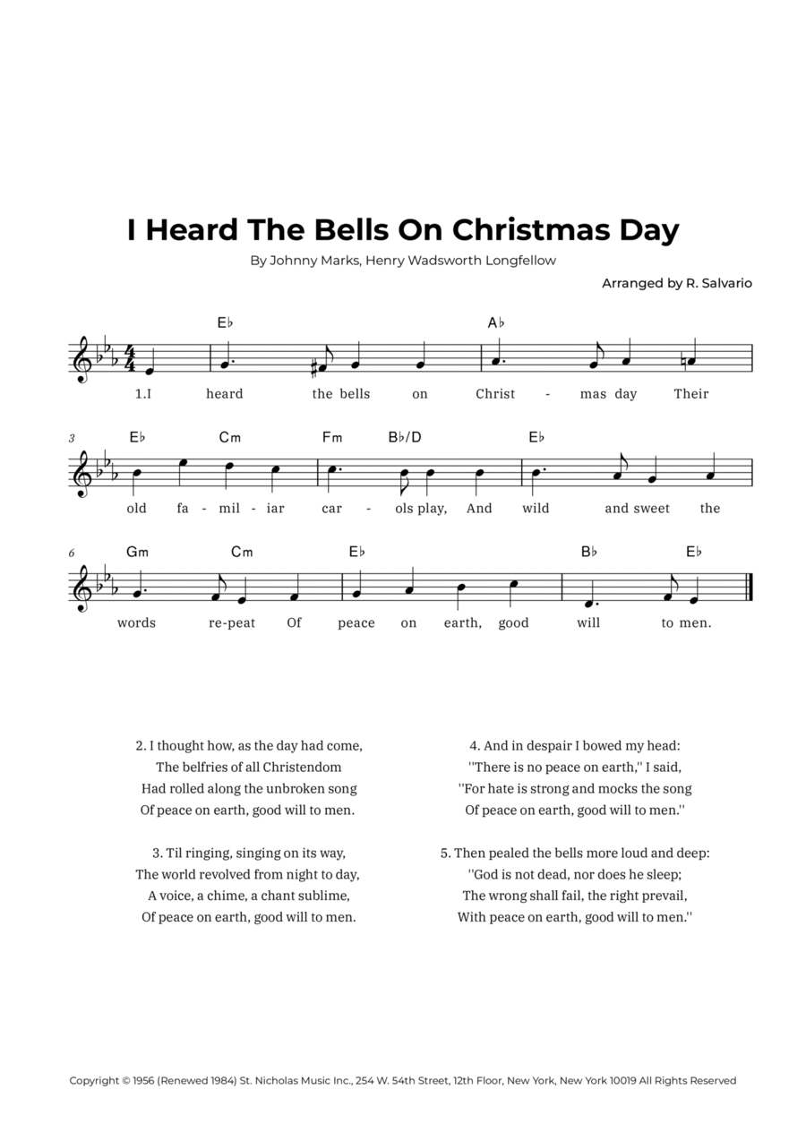 I Heard The Bells On Christmas Day (Key of E-Flat Major) Easy Piano scores gallery preview page 1