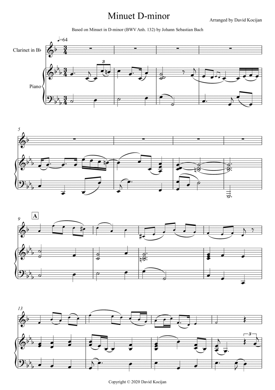 Minuet in D-minor (clarinet & piano) B-Flat Clarinet scores gallery preview page 1